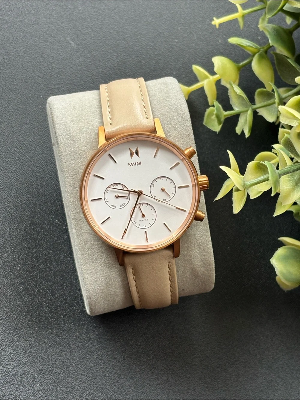 MVMT Rose Gold and Beige Leather Chronograph Watch